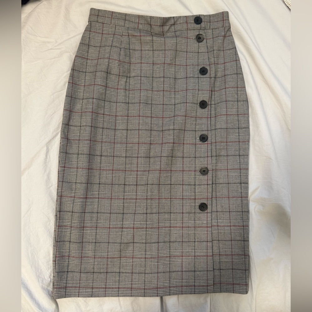H&M Gray Plaid Midi Pencil Skirt with Black Buttons
